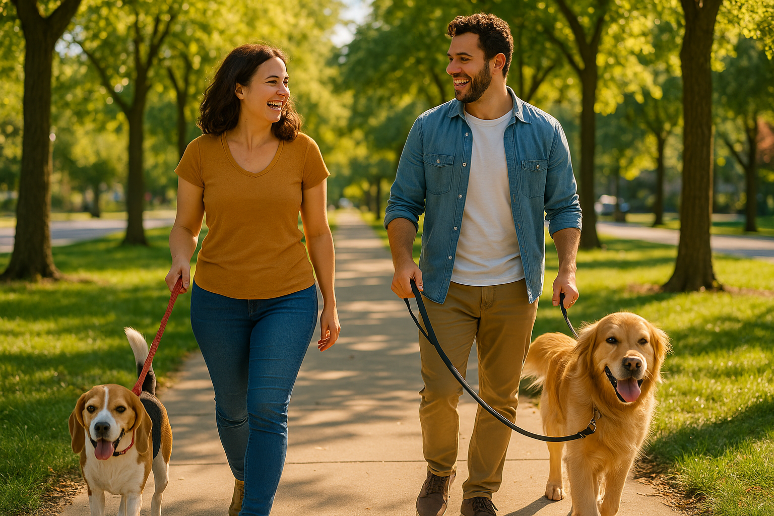 2 people happily walking their dogs