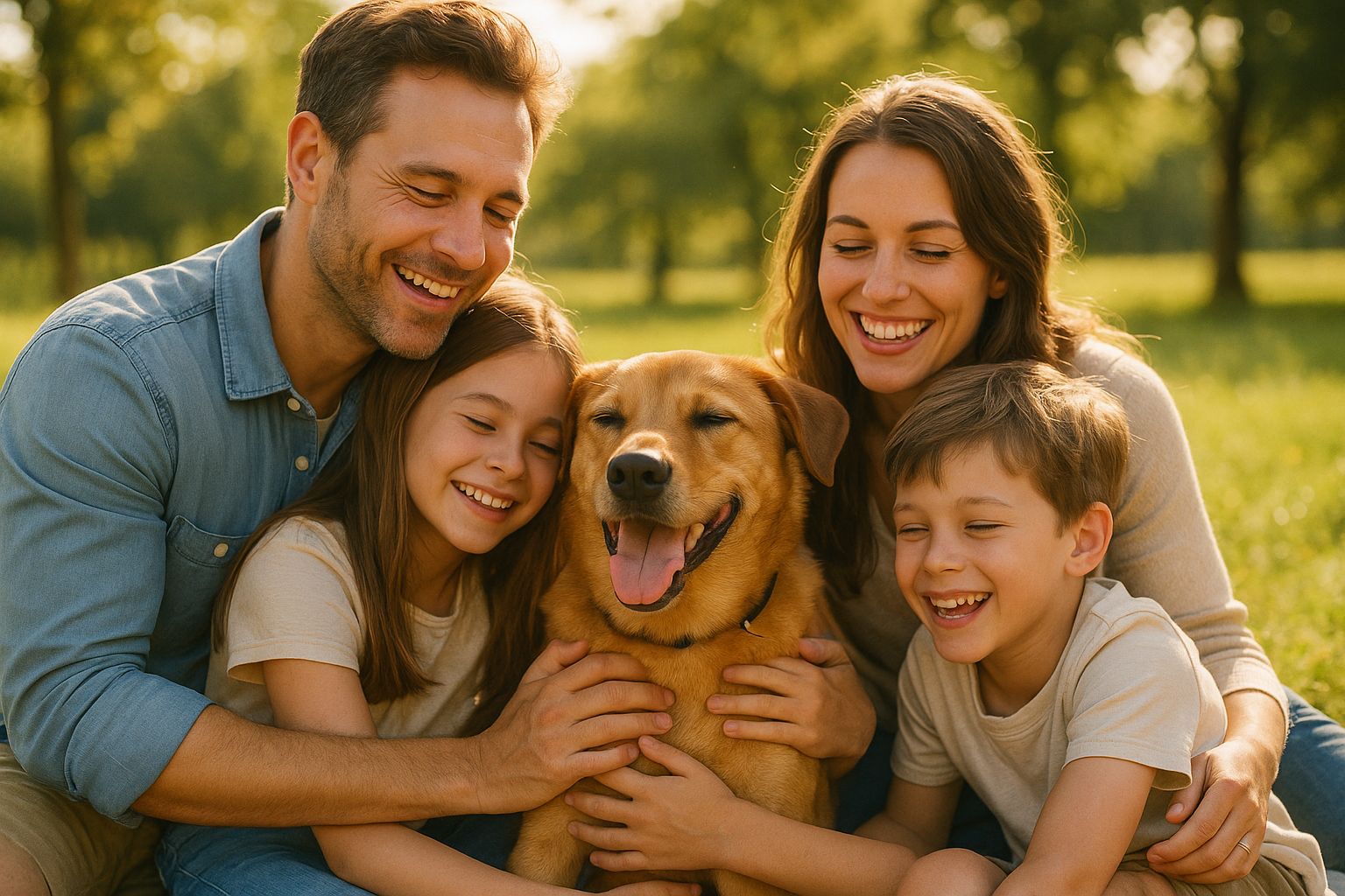 Happy family cuddling their dog sat outside 
