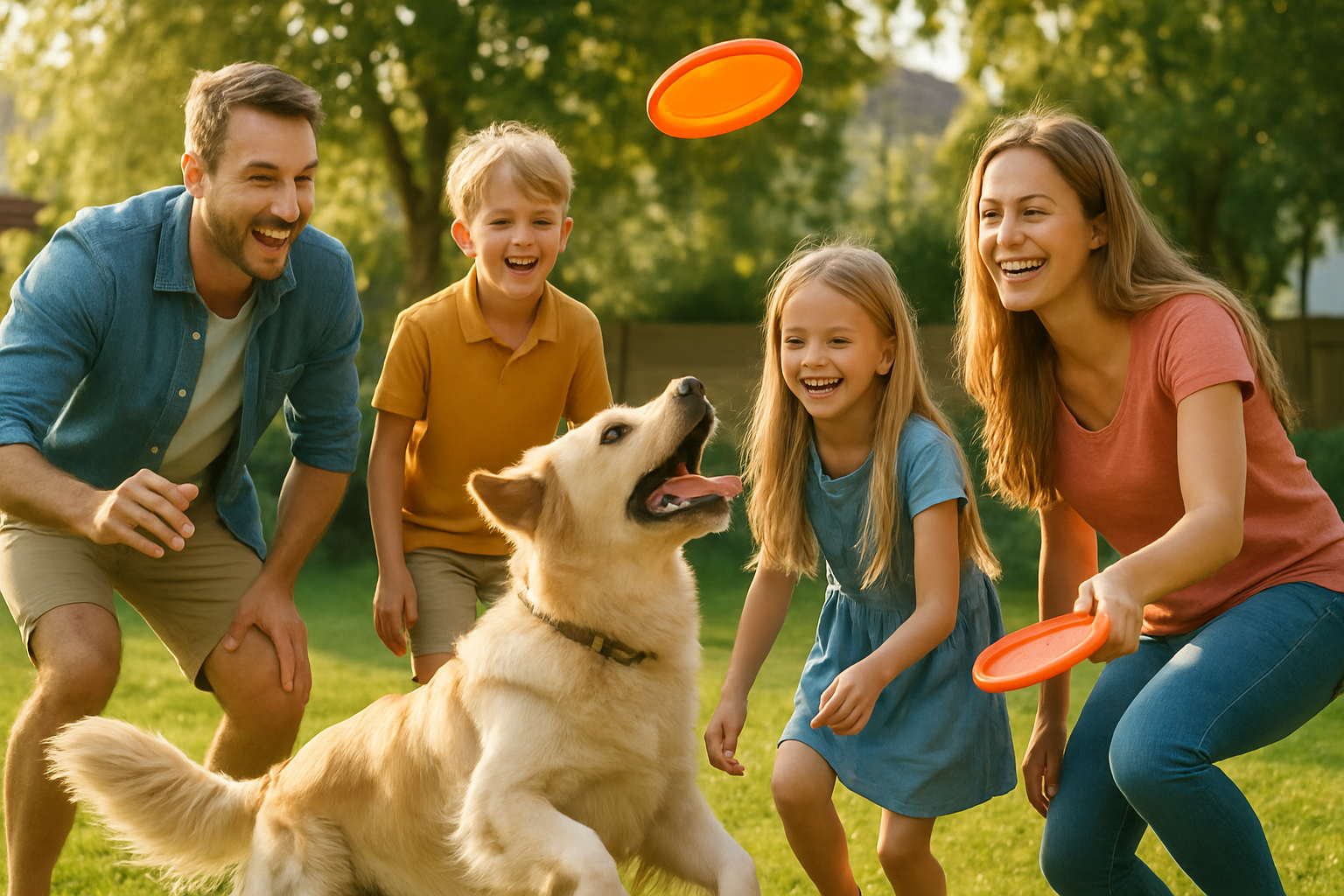 happy family playing with dog